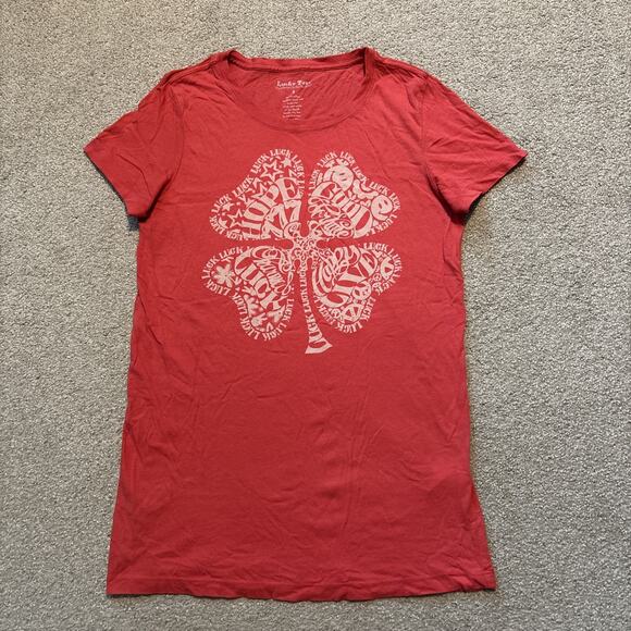 VTG Y2K Lucky Brand Crew Neck T-Shirt Size S Clover Peace Red Short Sleeve USA - Picture 1 of 8
